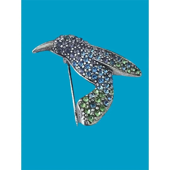 Monet Hummingbird Brooch Pin Rhinestone Crystal Green Blue Signed Sparkle - Picture 3 of 5